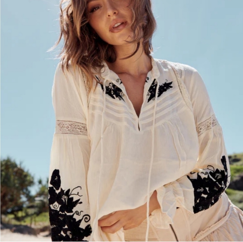 SOLD - Embroidered White and Black Women's Top